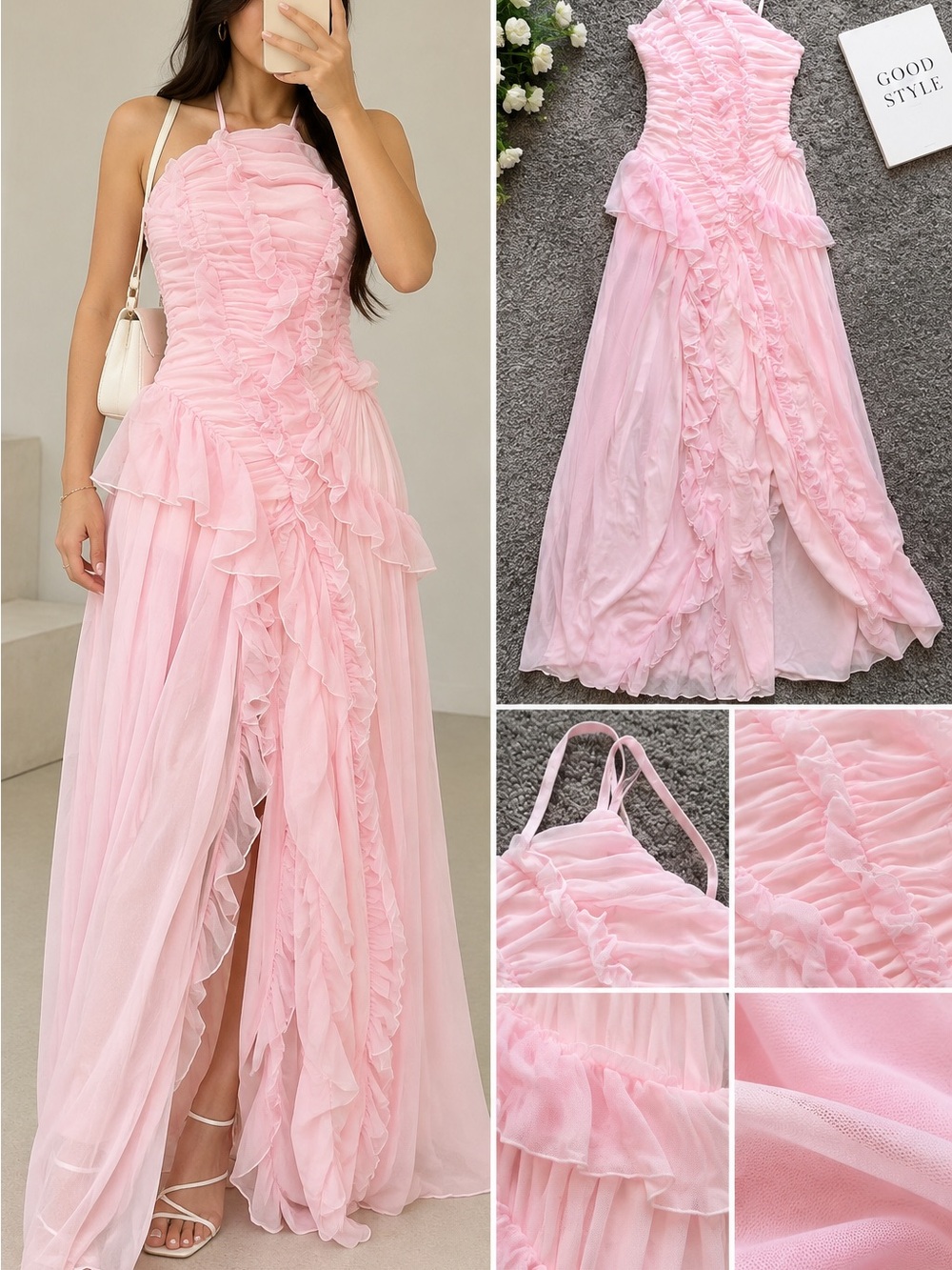 Elegant Pink Ruffled Maxi Dress - Romantic Evening Gown